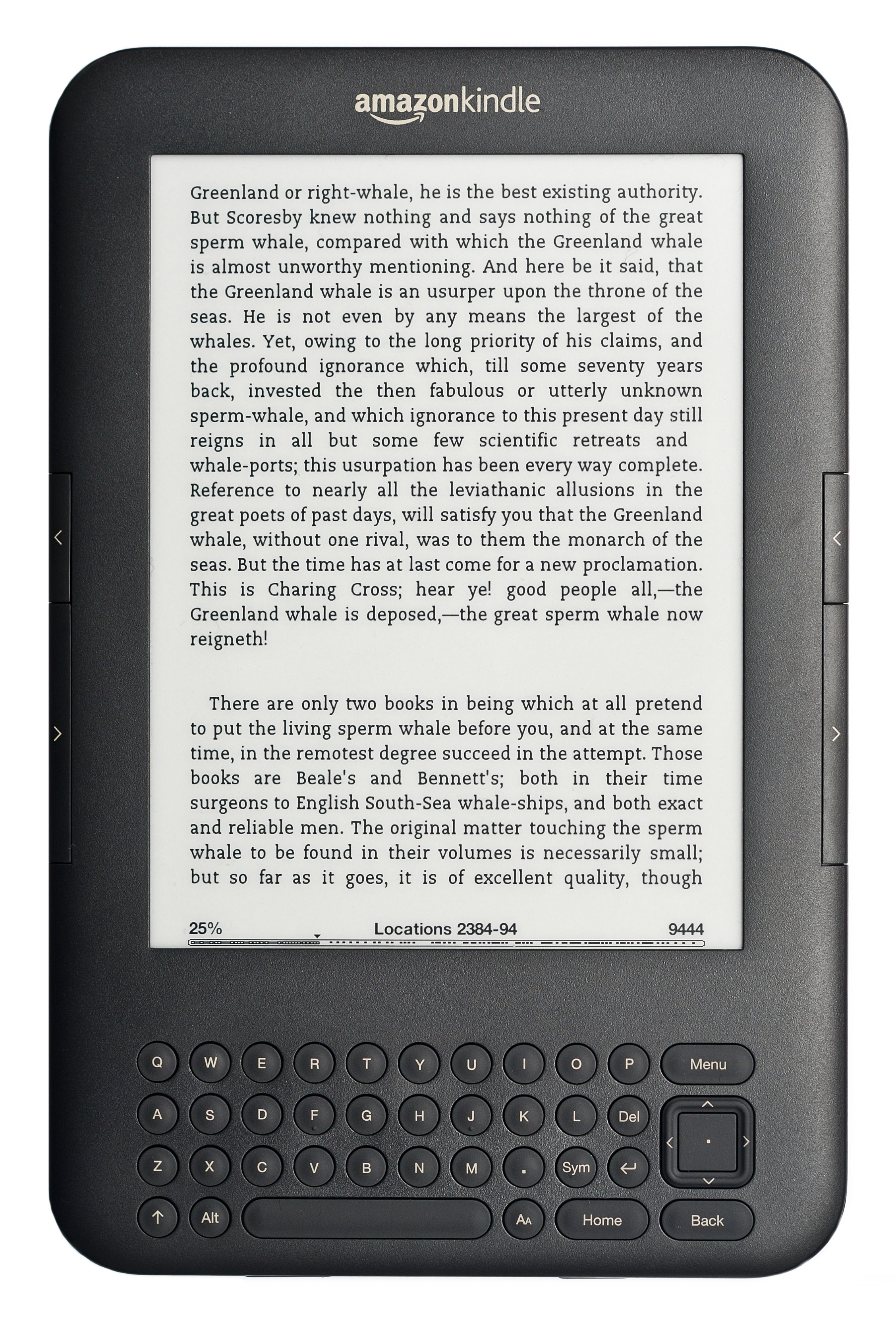 Third generation Amazon Kindle, showing text from the eBook version of the novel Moby Dick