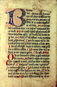 An illuminated page from a copy of the 1459 Mainz Psalter preserved at the Bodelian Library. (View Larger)