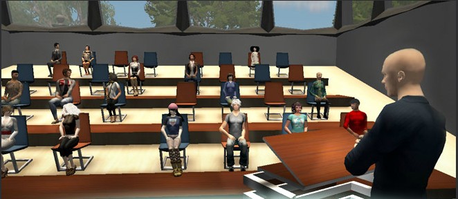 A virtual classroom in Second Life where players can learn new languages, among other studies