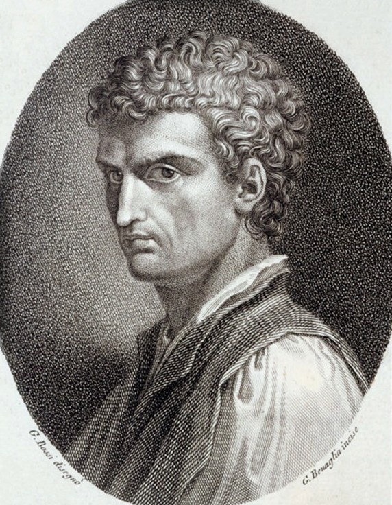 An engraved portrait of Leon Battista Alberti. Engraved by G. Benaglia and published in the 18th century.