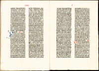 The 36-line Bible, the second printed edition, was most likely published in Bamberg, Germany, around 1458-1460. No printers name appears in the book, but Johannes Gutenberg may have been involved in its publication. (View Larger)