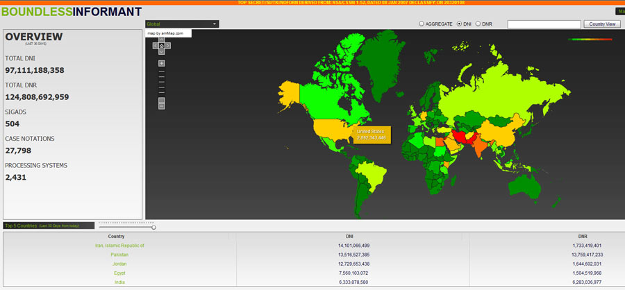 A BoundlessInformant global heat map of data collection. The color scheme ranges from green (areas least subjected to surveillance) through yellow and orange to red (areas most subjected to surveilance).