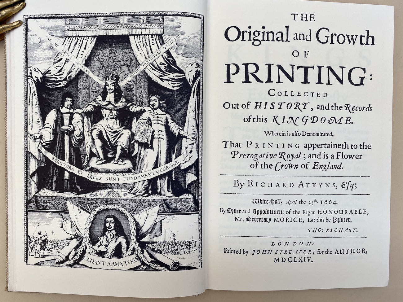 Title page and frontispiece of Atkyns's work reproduced from Bliss's reproduction.