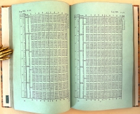 Page opening of Babbage's tables printed on green paper.