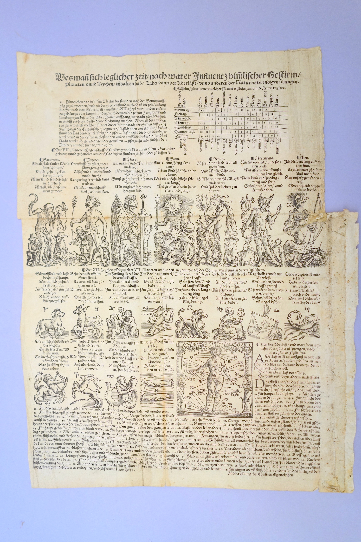 A bloodletting calendar printed between 1528 and 1530: Wes man sich ieglicher zeit / nach warer Influentz himlischer Gestirn / Planeten unnd Zeychen / zühalten hab / Dabei vonn der Aderlaße / unnd anderen der Natur notwendigen übungen [How to maintain (health) at any time, according to the influence of the celestial stars, planets and signs, by means of bloodletting and other exercises necessary to Nature.] Broadsheet, printed on one side in black letter type. Woodcut illustrations. Strasburg: Christian Egenolph, n.d. [ca. 1528-30]. 285 x 405 mm. The stub on the right is evidence that this ephemeral sheet survived by being bound into a book, from which it was later removed.
