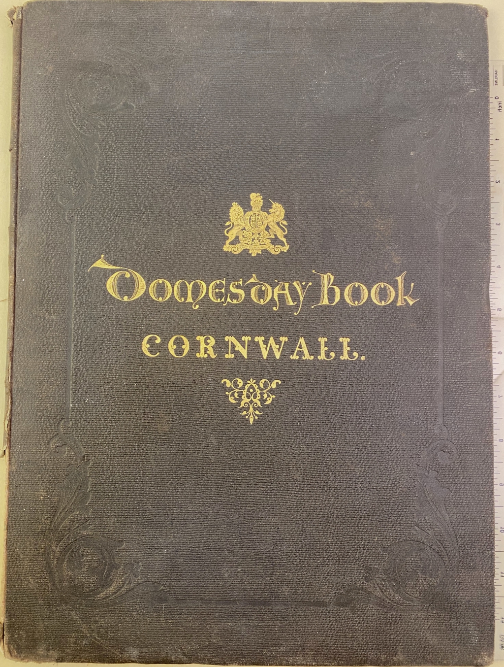 Upper cover of cloth binding on Domesday Book facsimile for Cornwall