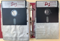 The original IBM-type floppy discs holding the Lotus 123 software.