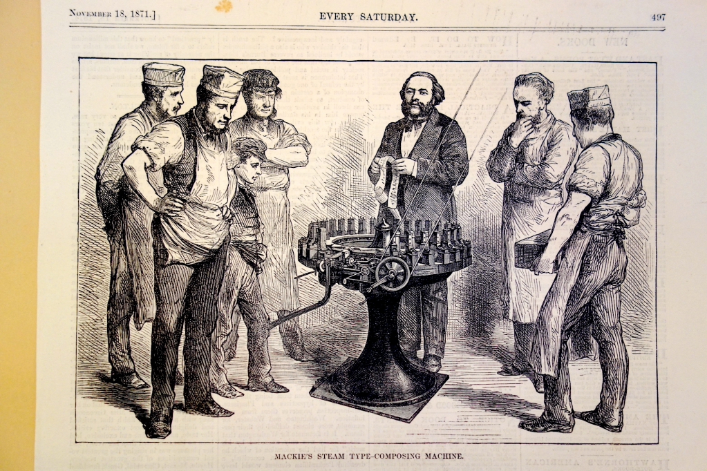 Mackie's typesetting machine was driven by punched paper tape rolls shown in the hands of the operator in this image from 1871.