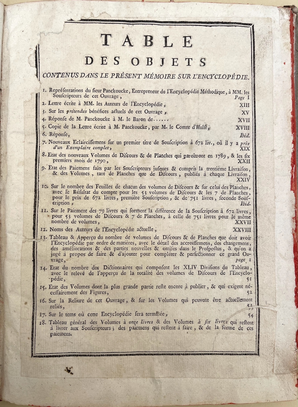 The first page of the Prospectus was a listing of the titles of various sections. Notice that this page was damaged and mounted on another leaf at an early date.
