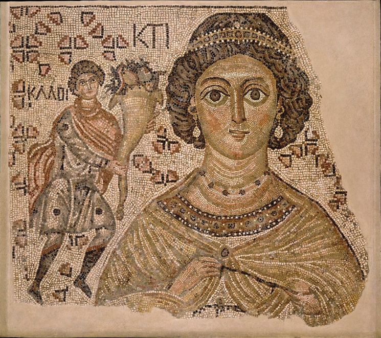 Fragment of a Floor Mosaic with a Personification of Ktisis, c. 500-550 CE. Metropolitan Museum accession no.  1998.69; 1999.99.