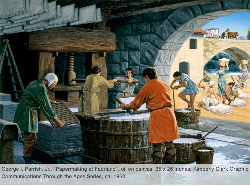 "Papermaking at Fabriano." Painting by George I. Parrish, Jr. from the series Graphic Communications Throughout the Ages preserved in the Cary Graphic Arts Collection at Rochester Institute of Technology.