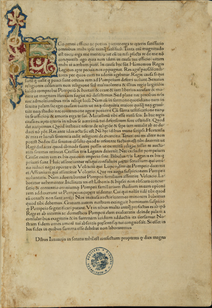 First leaf of the first book printed in Venice, Cicero, Epistolae ad familiares by Johannes de Spira, [before September 18,] 1469. From the copy in the Biblioteca Nazionale Marciana, Venice. This is ISTC ic00504000. The ISTC also describes a variant issued presumably on or around the same date by Spira: ISTC ic00505000.