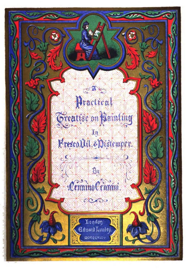 Chromolithographed title page of the English translation of the treatise by Mrs. Merrifield (1844).