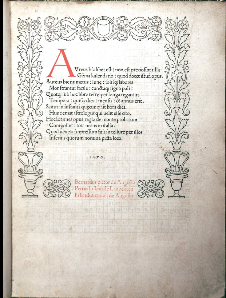 Title page of the University of Oklahoma copy of the 1476 Latin edition. 