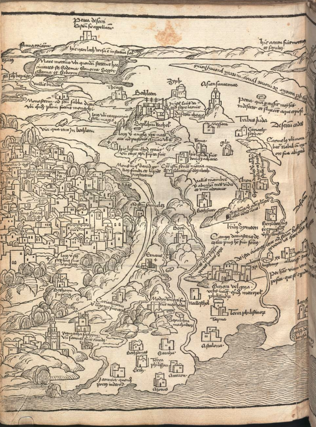 Breydenbach (1486), map of Holy Land, left section, from the copy in the Bayerische Staatsbibliothek.