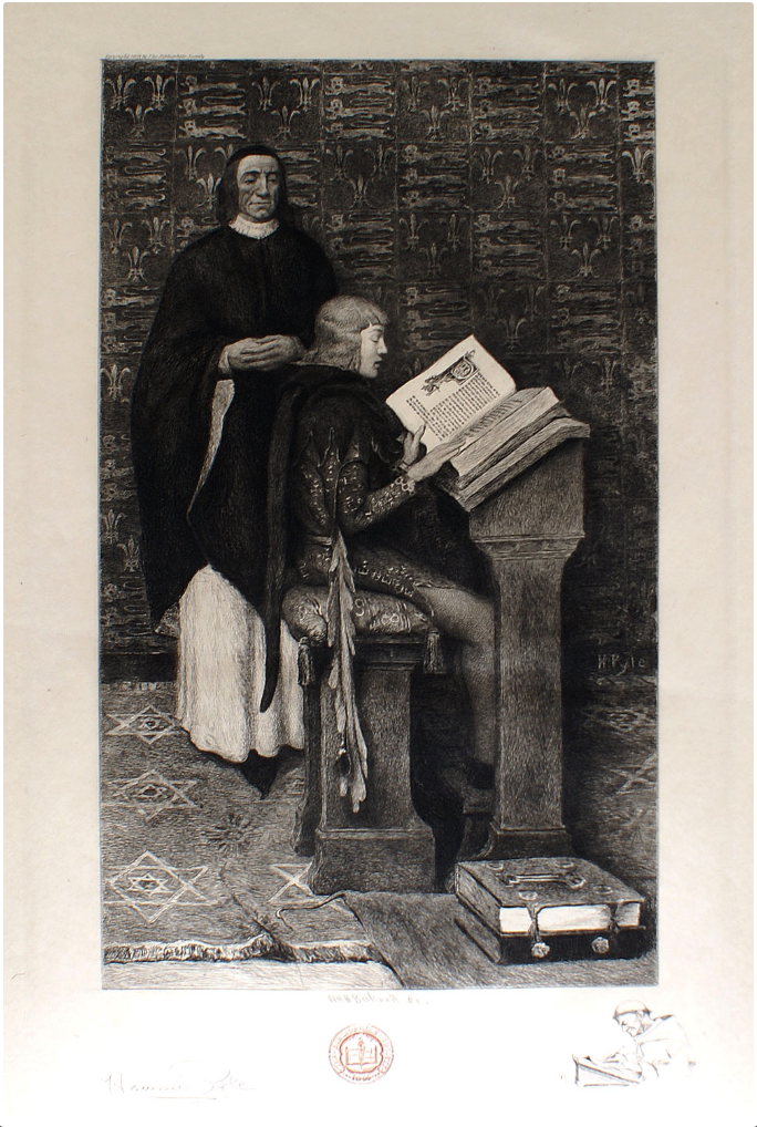 "Richard de Bury Tutoring Young Edward III".  Etching by W.H.W. Bicknell after a painting by Howard Pyle (American 1853-1911), published by The Bibliophile Society Inc., [Boston], 1903. 