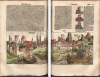 Double-page hand-colored woodcut of Cologne in the German edition of the Nuremberg Chronicle from the Bayerische Staatsbibliothek.  