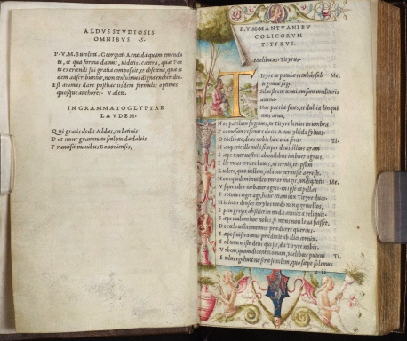 The John Rylands Library copy of the Aldine Virgil, printed on vellum, and illuminated with the coat of arms of the Pisani family of Venice. In the poem on the left page facing Virgil