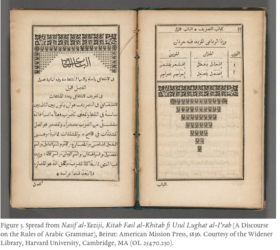 Nasif al-Yaziji, Kitab Fasl al-Khitab fi Usul Lughat al-I‘rab (A Discourse on the Rules of Arabic Grammar), Beirut: American Mission Press, 1836. Original in Widener Library, Harvard University.