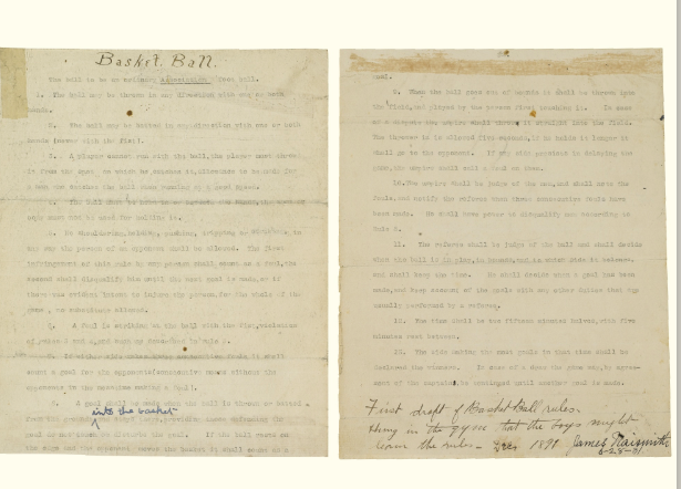 "Typescript document signed ("James Naismith 6-28-31"), 2 pages (10 x 8 in.; 254 x 203 mm), [Springfield, Massachusetts, December 1891], being the original rules for the game of Basketball as typed up the very morning that Naismith introduced his new sport to the world, 46 lines enumerating 13 rules, titled at the top of the first page in Naismith