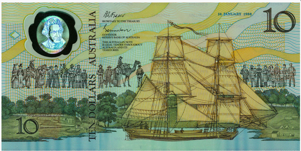 "One side of the note symbolised European settlement with HMS Supply, the first ship to drop anchor in Sydney Cove, and a medley of persons symbolising all who have contributed to Australia