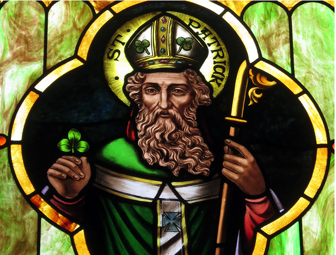 A stained glass image of Saint Patrick at Immaculate Conception Catholic Church in Port Clinton, Ohio. (Credit: ‘Nheyob’, CC BY-SA 4.0, via Wikimedia Commons)