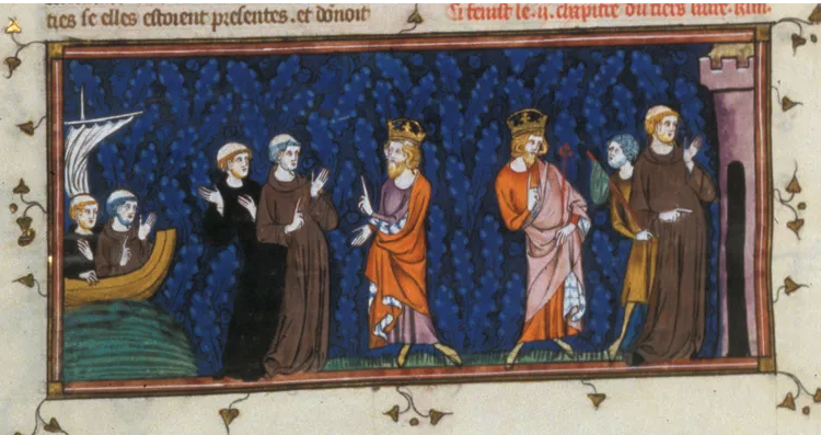 Charlemagne meeting Alcuin – Detail from British Library MS Royal 16 G VI f. 153v.