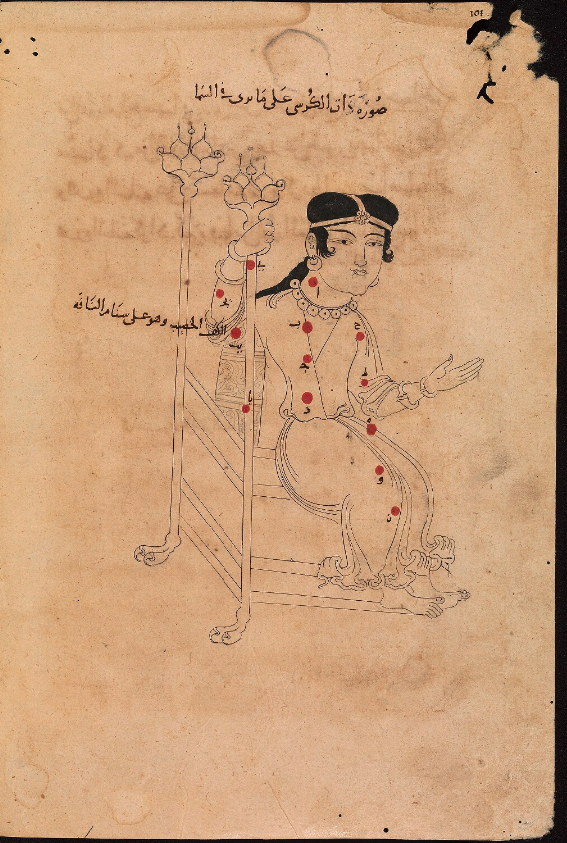 Bodleian Library MS. Marsh 144. 111/435. (p. 101) "Cassiopeia (dhat al-kursi), the woman with the throne. (Constellations of the northern hemisphere). | Al-Sufi