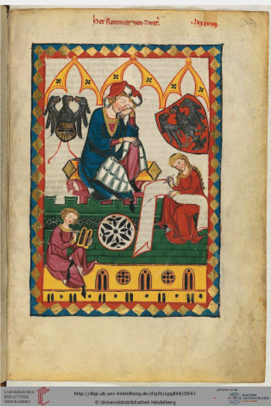 In this image from f323 the poet Reinmar dictates to a notary who records the poems on wax tabelts. A woman sits opposite the notary writing down the text on a roll draped across her lap—a depiction of writing in the medieval roll manuscript format, of which very few examples have survived. The image is also a record of the use of wax tablets at this relatively early date.