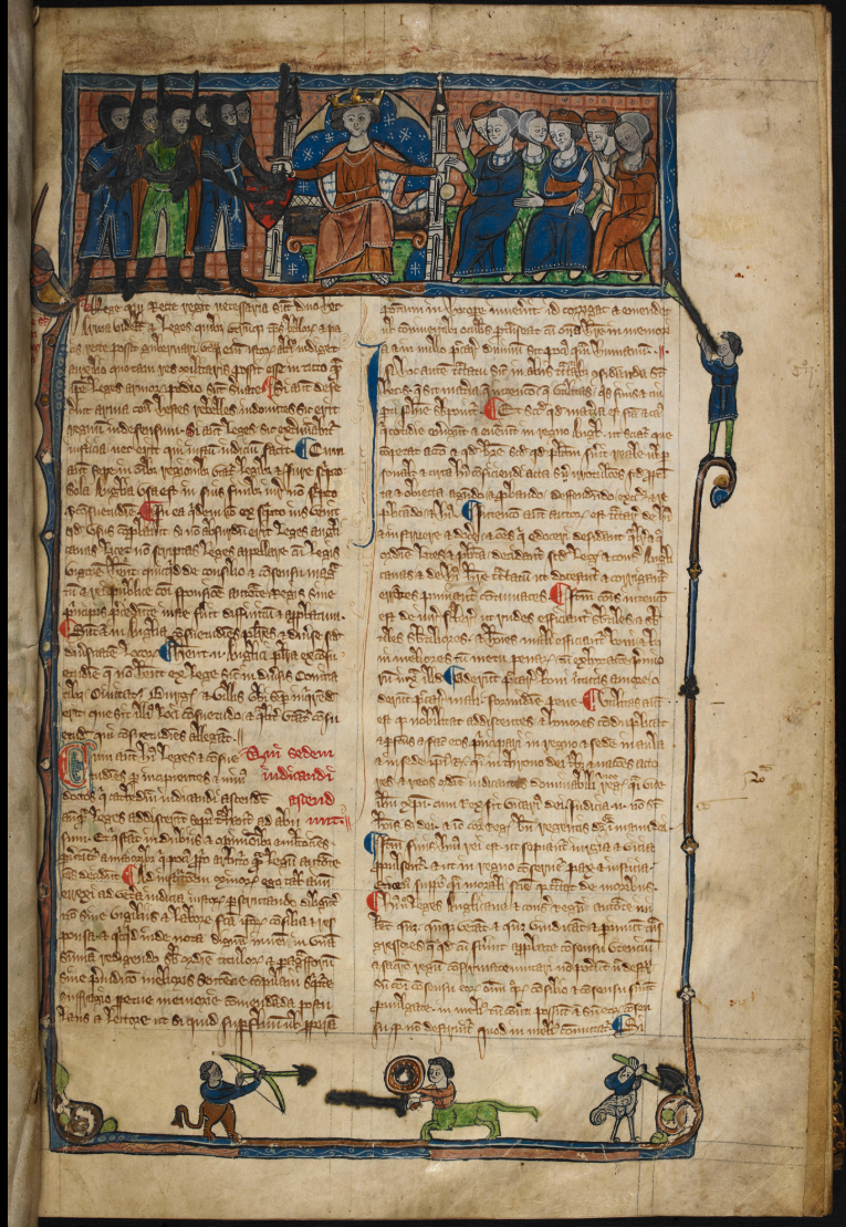 British Library Add MS 11353. HENRICI de Bractone de legibus et consuetudinibus Anglicanis libri quatuor. Codex membranaceus, circa temp. Edw. I. [between 1272-1307] This opening page of a manuscript of Bracton is headed by a miniature of a king holding a sword in one hand and a sealed charter in the other.