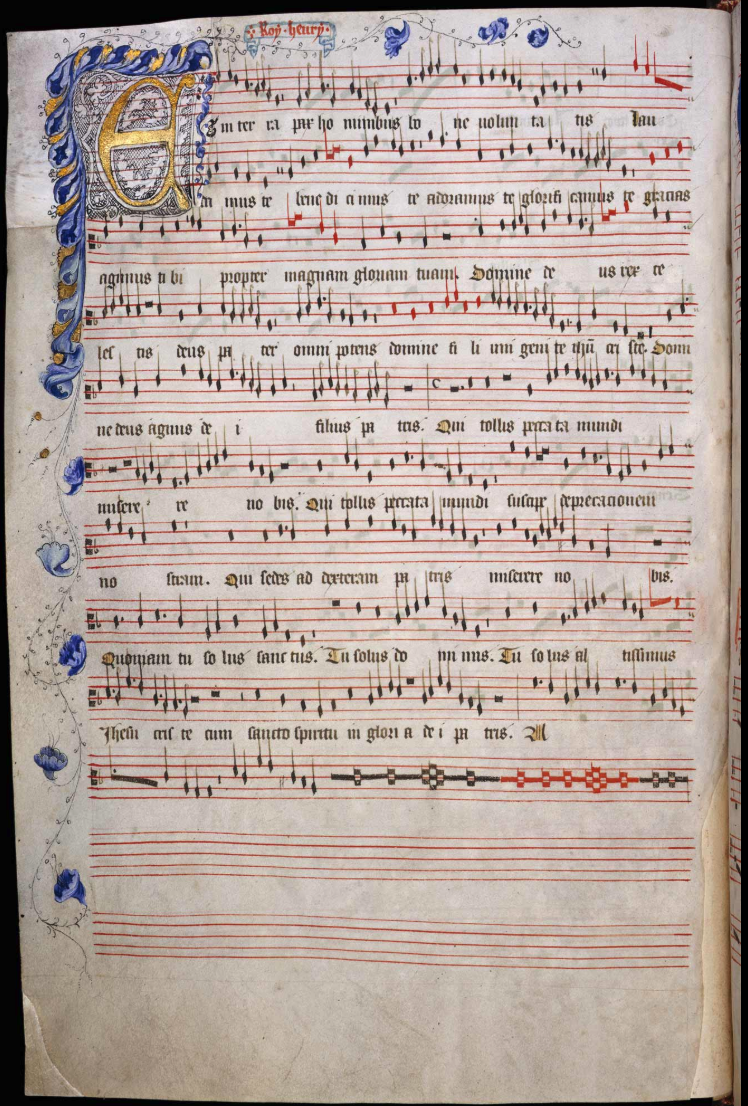 "Folio 12v of the Old Hall Manuscript contains the decorated opening to a Gloria by Roy Henry (probably King Henry V)"