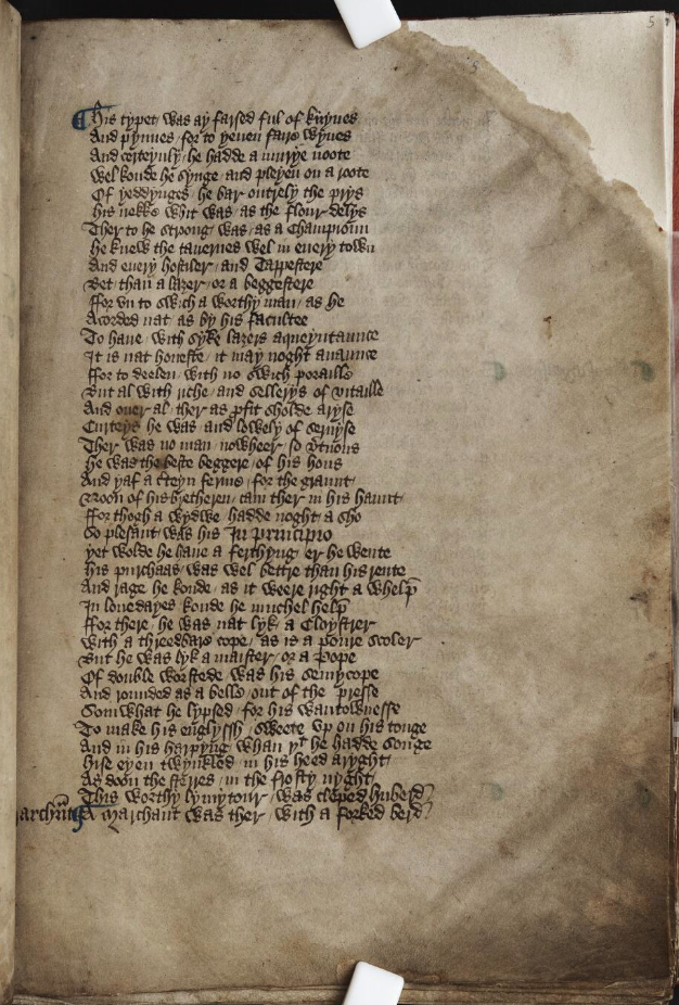 The Hengwrt Chaucer f.5 r., dated 1395-1405. National Library of Wales Lenlarth MS 392D. 