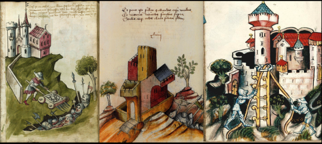 Three images from unidentified manuscripts of Bellifortis.