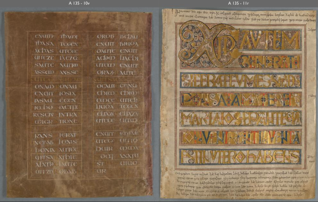 Stockholm Codex Aureus leaves 10v and 11r.  (Notice the significant difference in color values between this digital facsimile and the other image reproduced with this database entry.)