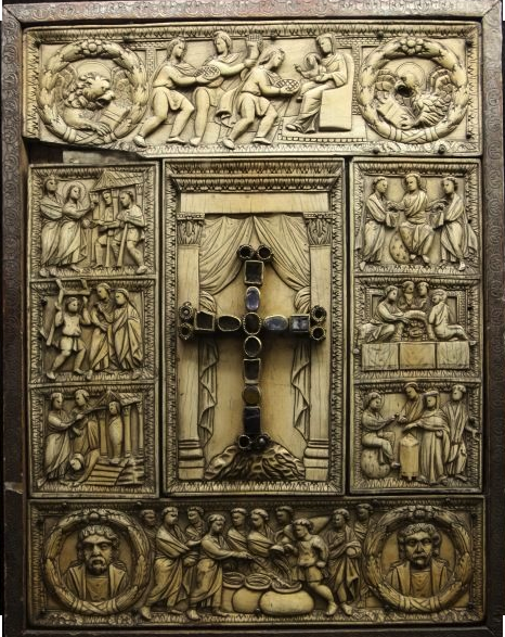 Ivory bookcover in the Cathedral Treasury of Milan. This is one of the earliest treasure bookcovers in existence, dating from c. 450 CE.