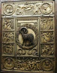 Ivory book cover in the Cathedral Treasury of Milan. This is one of the earliest in existence, dating from c. 450 CE.