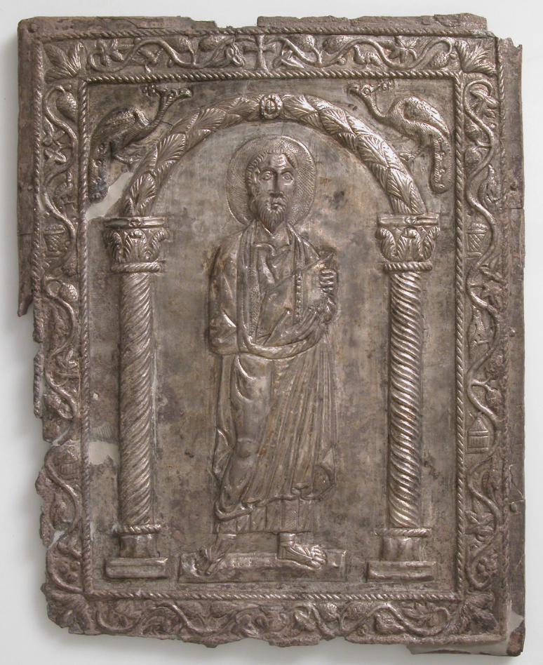Byzantine silver repousse book cover, found near Antioch, Syria, c. 1908–10; showing St Paul, holding a book. Metropolitan Mueum, Accession Number: 50.5.1.