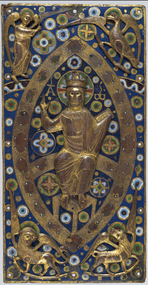 Book cover plaque with Christ in Majesty, made in Limoges, France. Metropolitan Museum Accession Number 17.190.757. Gift of J. Pierpont Morgan, 1917.