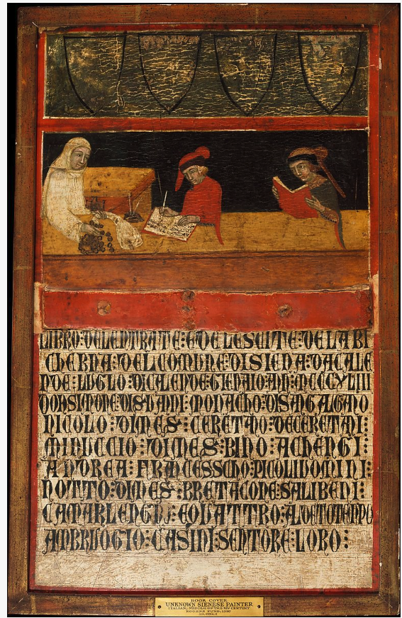 A wooden cover for an account book, dated 1343, for the city of Siena by an unknown Sienese artist. Metropolitan Museum, Rogers Fund, 1910. Accession Number 10.203.3.
