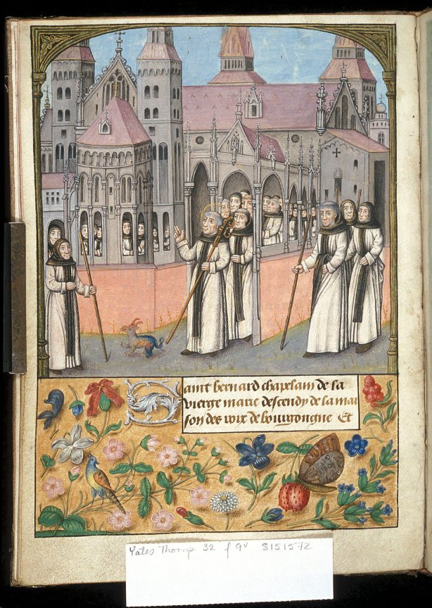 British Library Yates Thompson 32 f. 9v. A Bruges miniature of Bernard  de Fontaines (Bernard of Clairvaux) taking possession of the Abbey of Clairvaux. From the Chroniques abrégées des Anciens Rois et Ducs de Bourgogne. According to the British Library the church in the background is based on St. Servatius in Maastricht.
