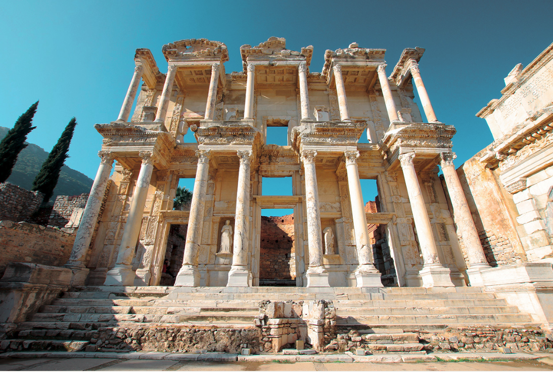 Ruins of the library built in Ephesus as a memorial to Titus Julius Celsus. In 92 CE Celsus  was a consul in Rome, in charge of all public buildings. Between either 105-106 or 106-107 CE he was the proconsul of the Asian province, the capital of which was Ephesus. When Celsus died in 114 CE. at the age of seventy, his son Tiberius Julius Aquila, built the library as a mausoleum for his father. It is assumed that the construction of the library was completed in 117.
