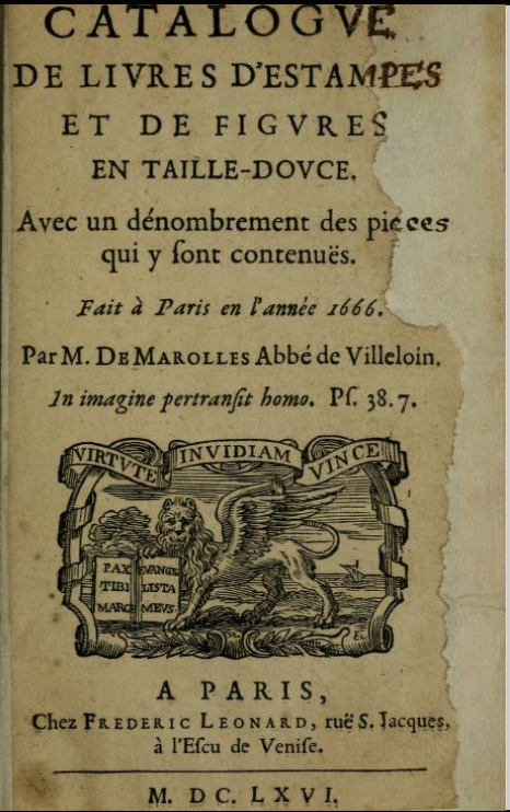 Title page of the Theodore Besterman copy of Marolles at the Getty Research Institute. The title page has a significant lacuna in the right margin and the copy appears to be significantly cropped.