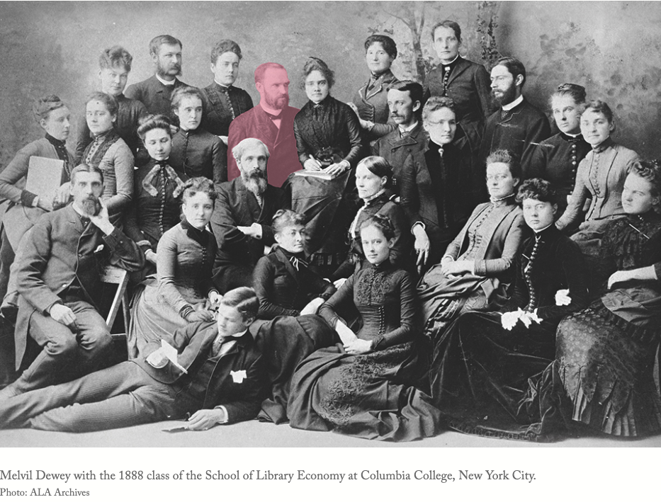 Melvil Dewey with the 1888 class of the School of Library Economy at Columbia College (now Columbia University).
