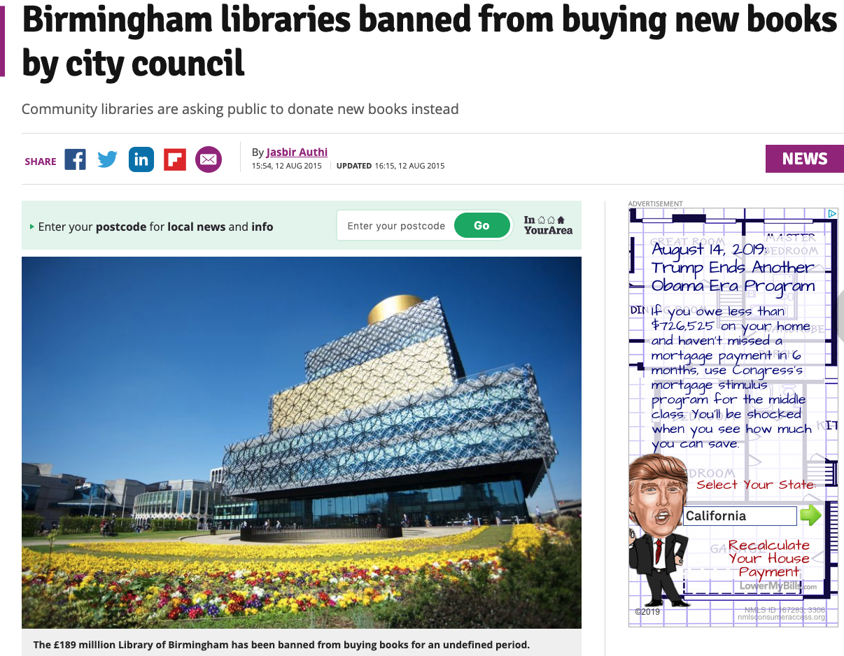 In this article dated August 12, 2015, two years after the Library of Birmingham was opened, the city placed a moratorium on book buying for all the libraries in Birmingham.