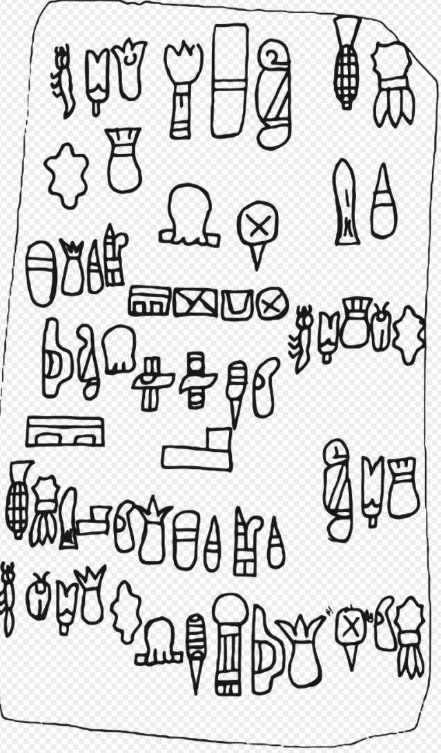 The 62 glyphs of the Olmec Cascajal Block.