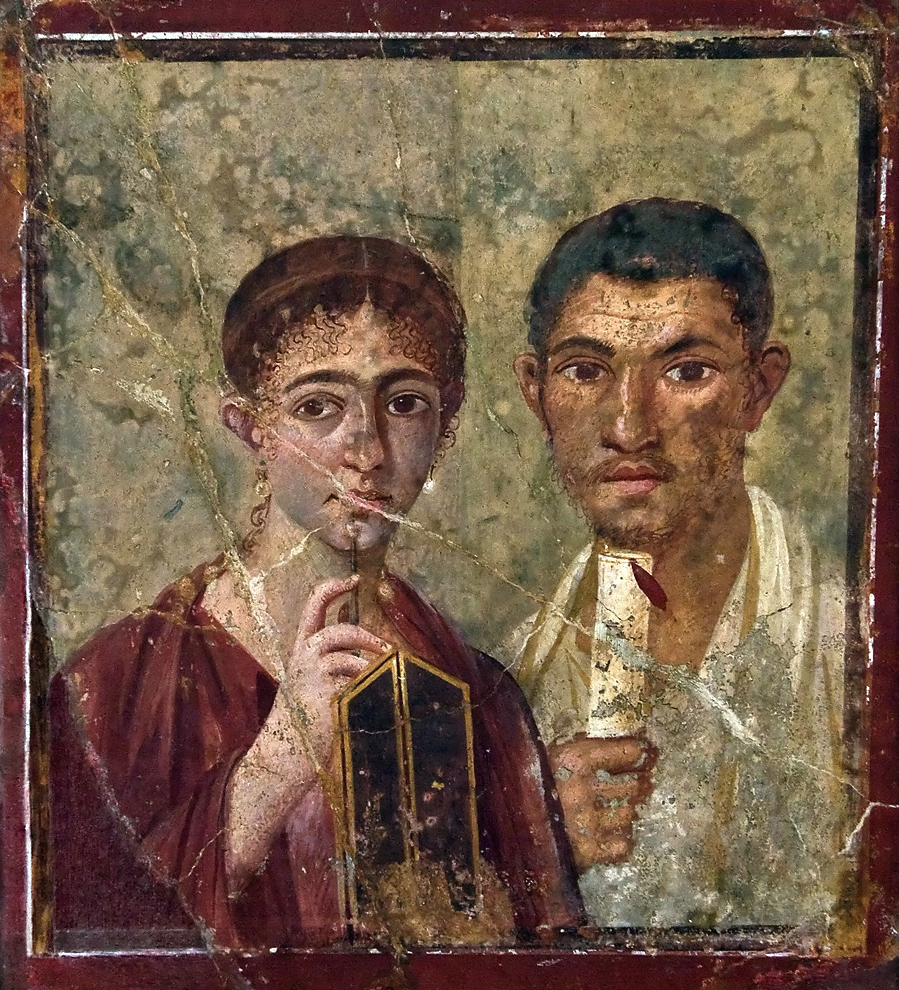 Portrait of Terentius Neo, the woman holding wax tablets and a stylus, the man holding a papyrus roll.