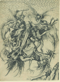 The image on which Michelangelo based his painting: Martin Schongauer, German (c. 1445–1491), Saint Anthony Tormented by Demons, c. 1470–75, engraving, 12 1/4 x 9 in. (31.1 x 22.9 cm)