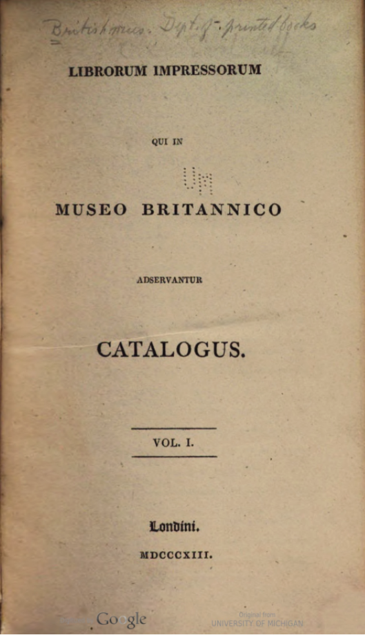 Title page of the first volume of the second edition (1813) of the catalogue of the library of the British Museum.