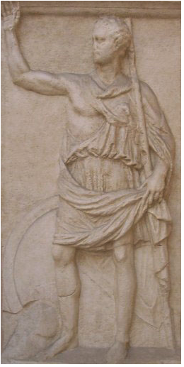 The relief stele of Kleitor supposedely depicting the Achaean statesman and historian Polybius, 2nd century BC, Hellenistic Greek artwork from the Peloponnese. Dimensions are as follows: height of the stele, 2.18 m (7.2 ft); width of the stele, 1.11 m (3.6 ft); height of the carved figure of Polybios, 1.96 m (6.4 ft).