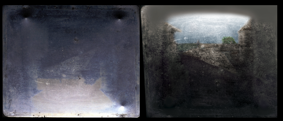 Original plate (left) & colorized reoriented enhancement (right). The photo was determined to have been taken at Niépce